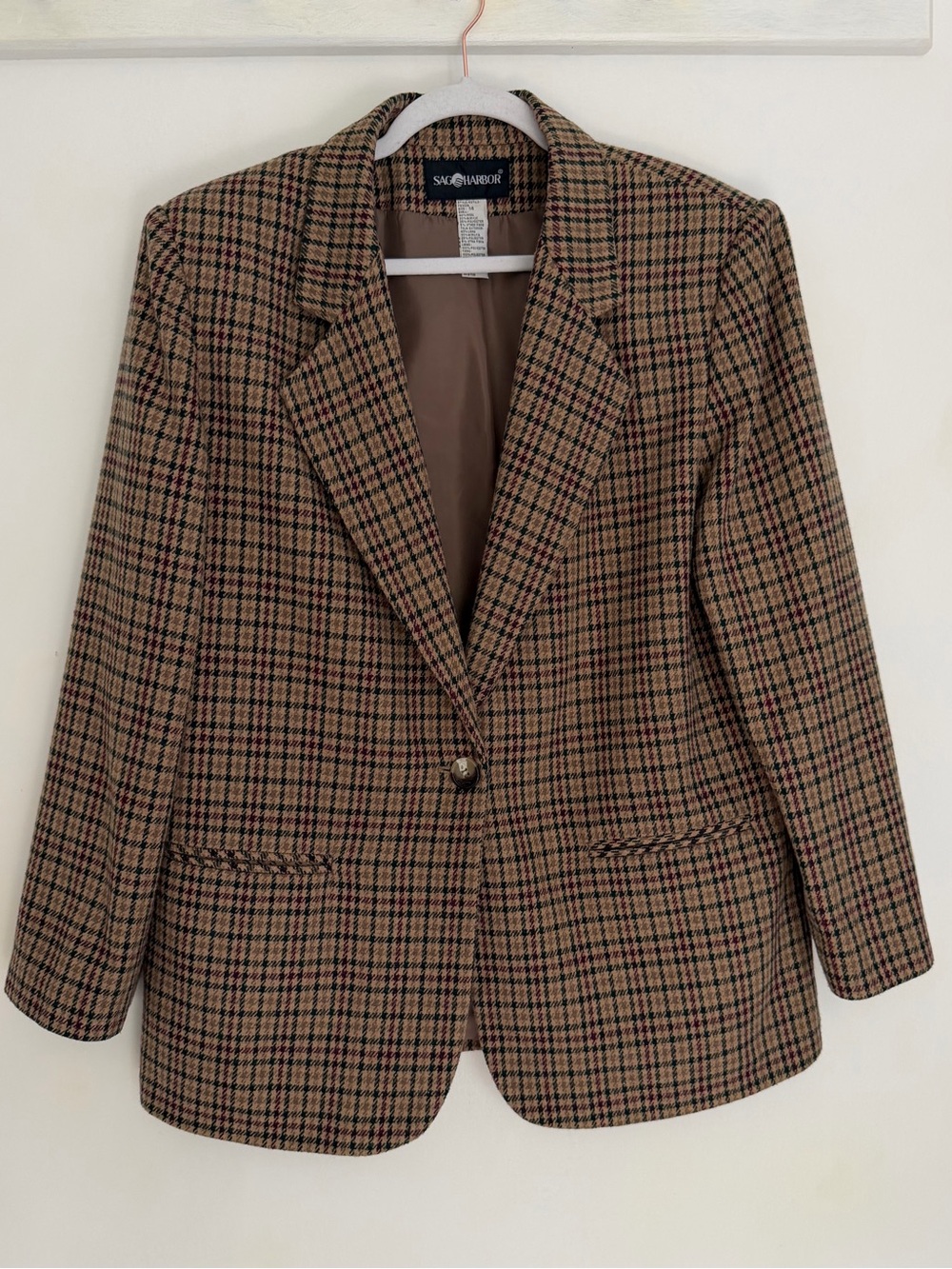VTG Sag Harbor Wool Brown Houndstooth Plaid Shoulder Pad One Button Blazer